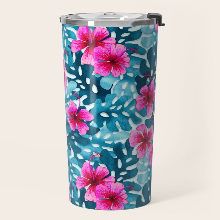 Tropical Hibiscus Pattern Pink Travel Mug Gallery Image 2