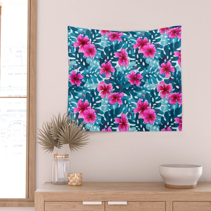 Tropical Hibiscus Pattern Pink Wall Tapestry Gallery Image 2