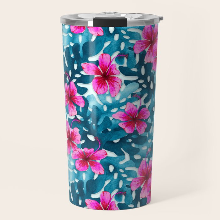 Tropical Hibiscus Pattern Pink Travel Mug Gallery Image 1