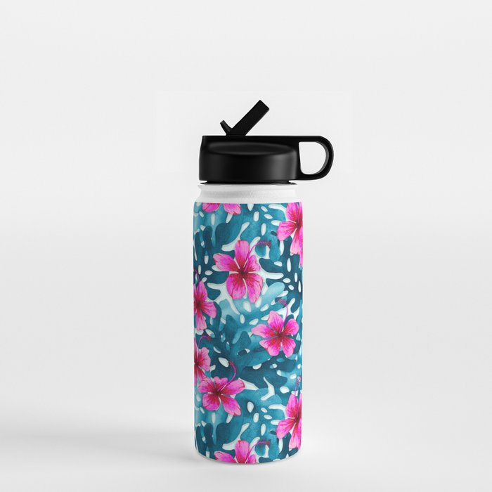 Tropical Hibiscus Pattern Pink Water Bottle Gallery Image 1