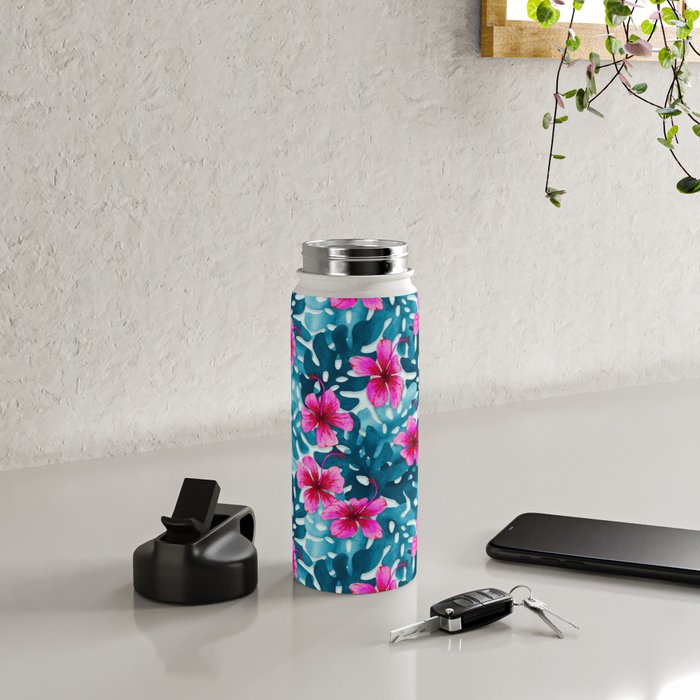 Tropical Hibiscus Pattern Pink Water Bottle Gallery Image 4
