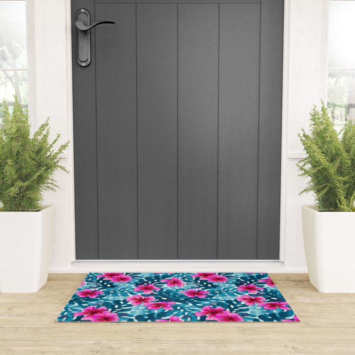 Tropical Hibiscus Pattern Pink Welcome Mat Gallery Image 3