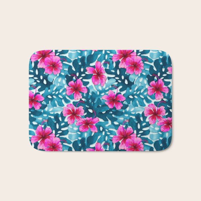Tropical Hibiscus Pattern Pink Bath Mat Gallery Image 1