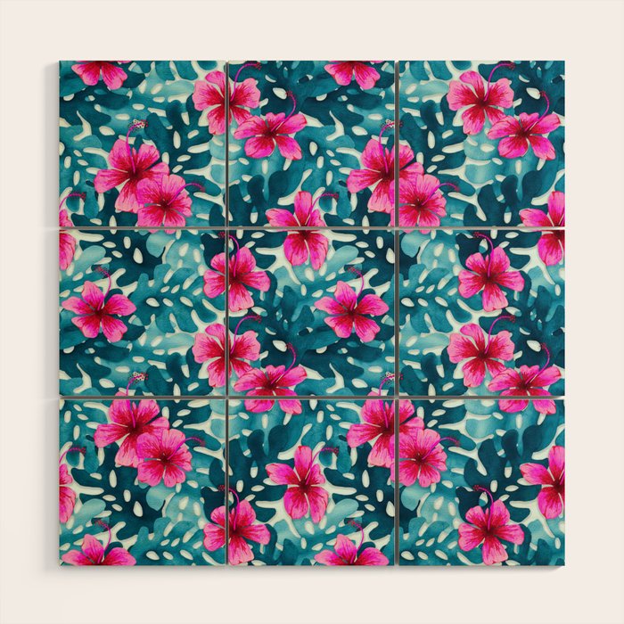 Tropical Hibiscus Pattern Pink Wood Wall Art Gallery Image 1