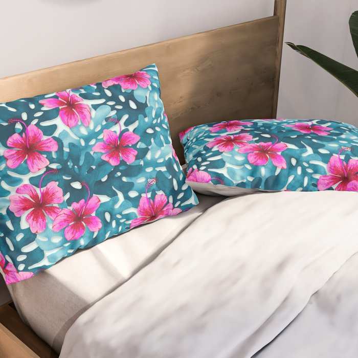 Tropical Hibiscus Pattern Pink Pillow Sham Gallery Image 2