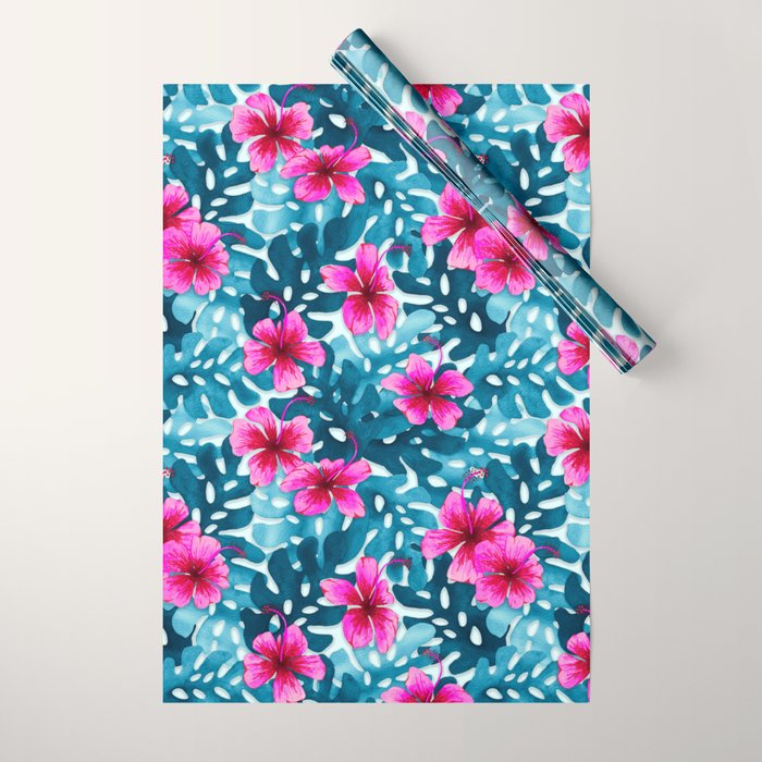 Tropical Hibiscus Pattern Pink Wrapping Paper Gallery Image 1