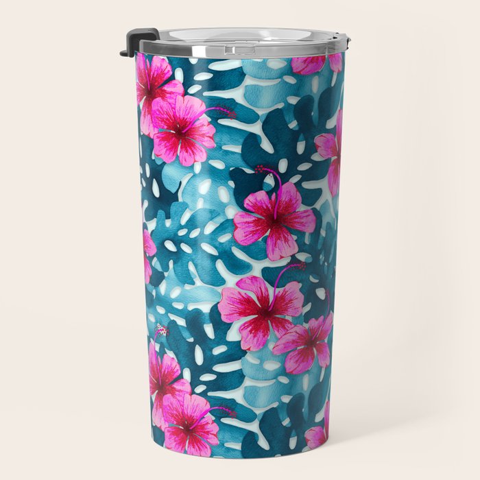 Tropical Hibiscus Pattern Pink Travel Mug Gallery Image 3