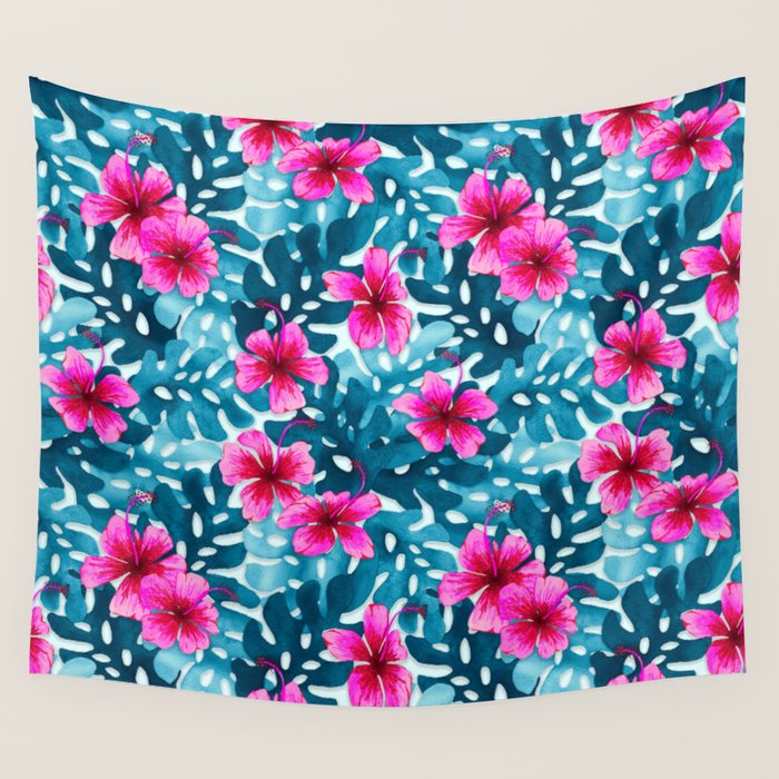 Tropical Hibiscus Pattern Pink Wall Tapestry Gallery Image 4