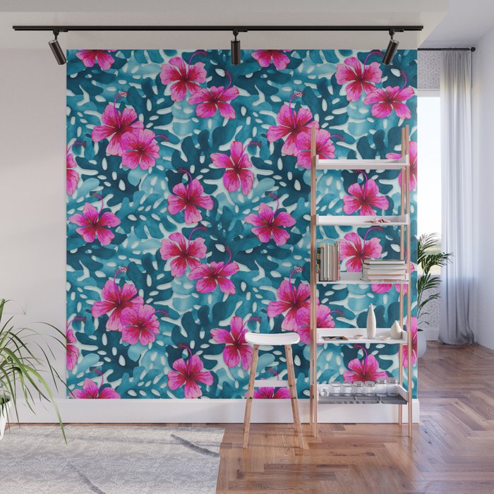 Tropical Hibiscus Pattern Pink Wall Mural Gallery Image 1