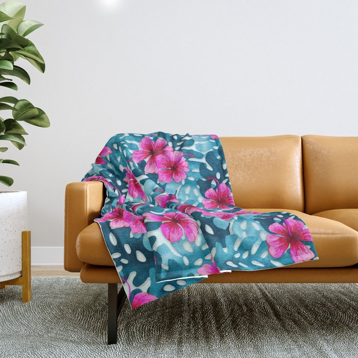 Tropical Hibiscus Pattern Pink Throw Blanket Gallery Image 1