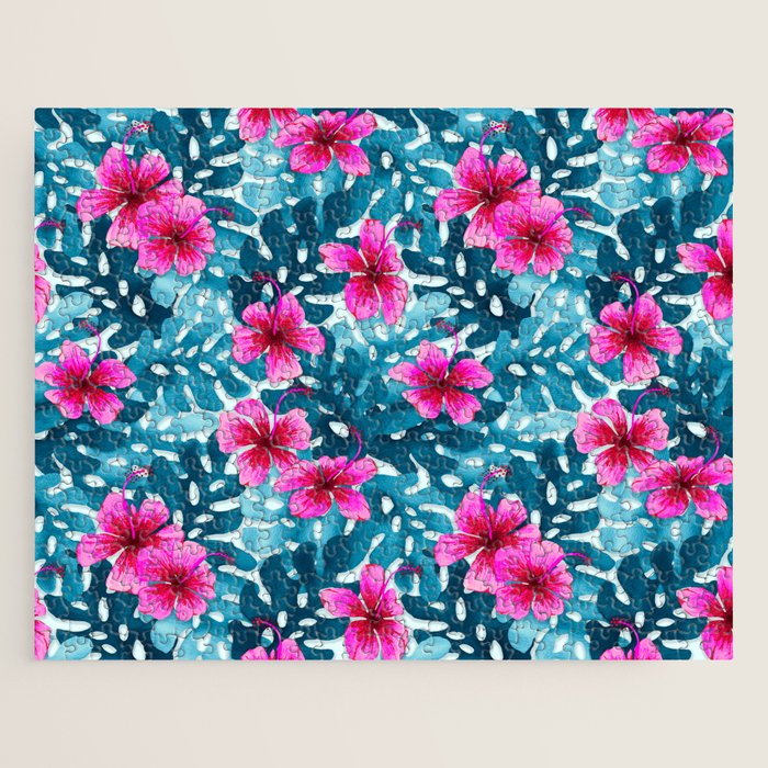 Tropical Hibiscus Pattern Pink Jigsaw Puzzle Gallery Image 1