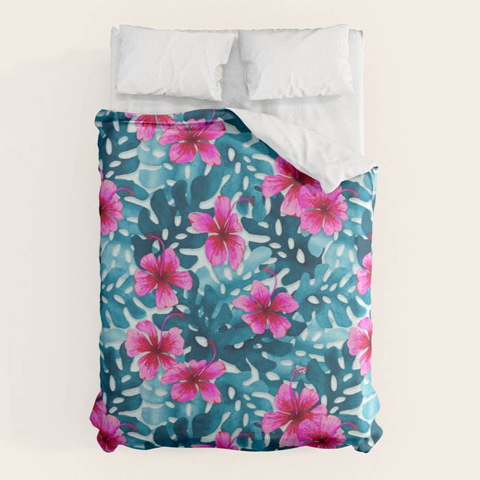 Tropical Hibiscus Pattern Pink Duvet Cover