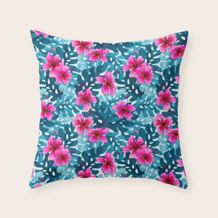 Tropical Hibiscus Pattern Pink Throw Pillow Gallery Image 6