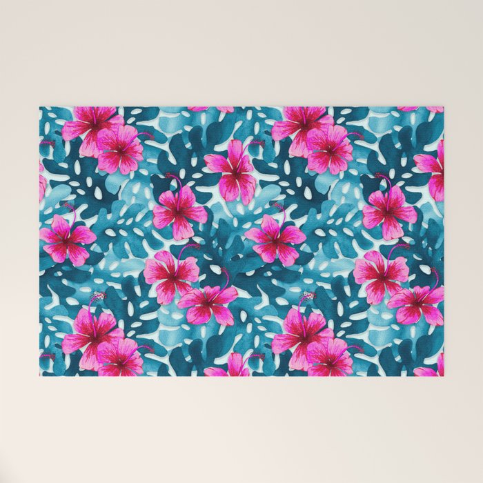 Tropical Hibiscus Pattern Pink Welcome Mat Gallery Image 1