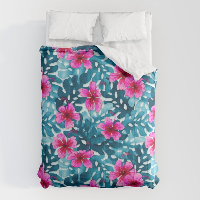 Tropical Hibiscus Pattern Pink Comforter Gallery Image 1
