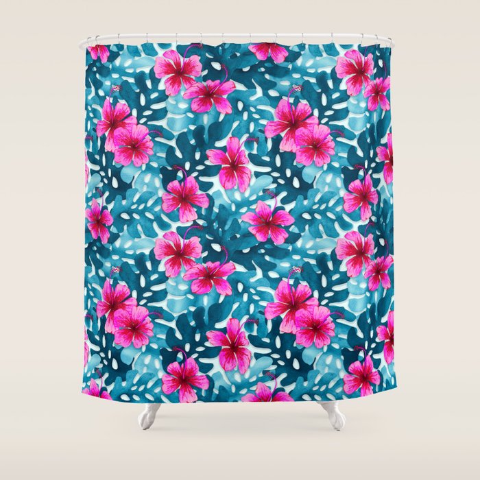 Tropical Hibiscus Pattern Pink Shower Curtain Gallery Image 1