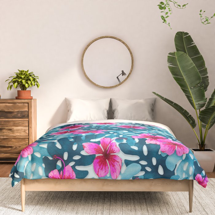 Tropical Hibiscus Pattern Pink Comforter Gallery Image 3