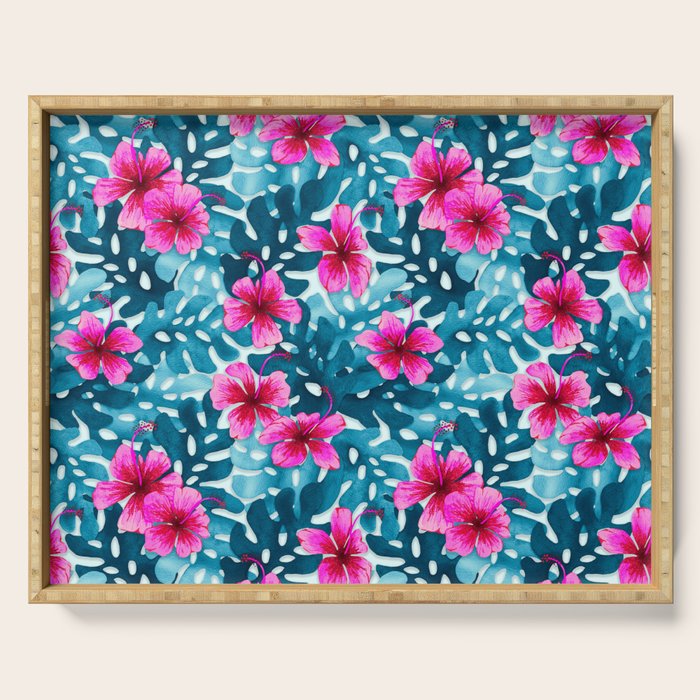 Tropical Hibiscus Pattern Pink Serving Tray Gallery Image 1