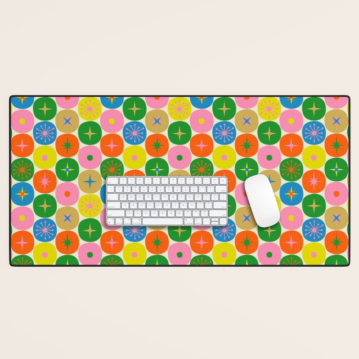 Mid Century Modern Atomic Future Colorful Dots and Stars Pattern small Desk Mat Gallery Image 1