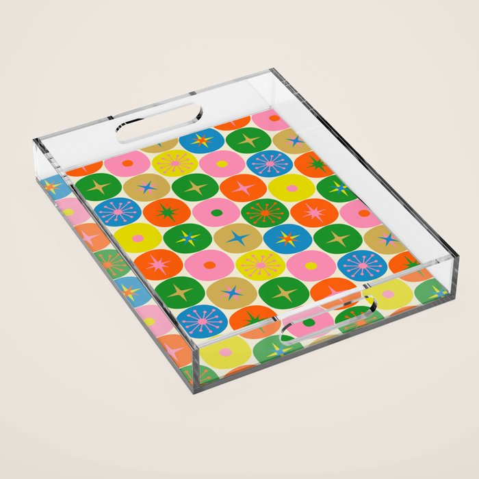 Mid Century Modern Atomic Future Colorful Dots and Stars Pattern small Acrylic Tray Gallery Image 1