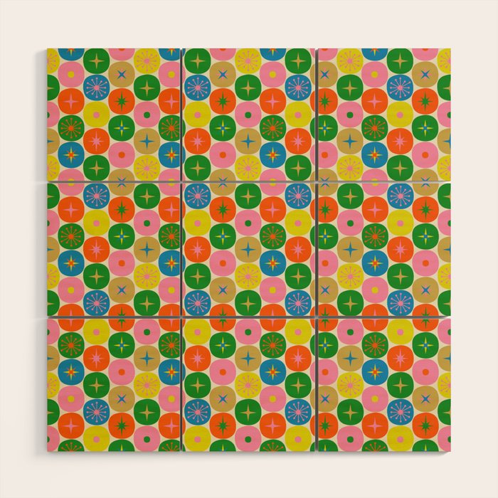 Mid Century Modern Atomic Future Colorful Dots and Stars Pattern small Wood Wall Art Gallery Image 1