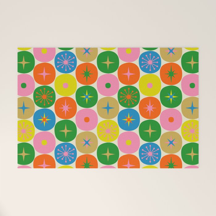 Mid Century Modern Atomic Future Colorful Dots and Stars Pattern small Welcome Mat Gallery Image 1