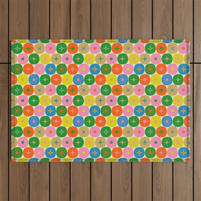 Mid Century Modern Atomic Future Colorful Dots and Stars Pattern small Outdoor Rug Gallery Image 1