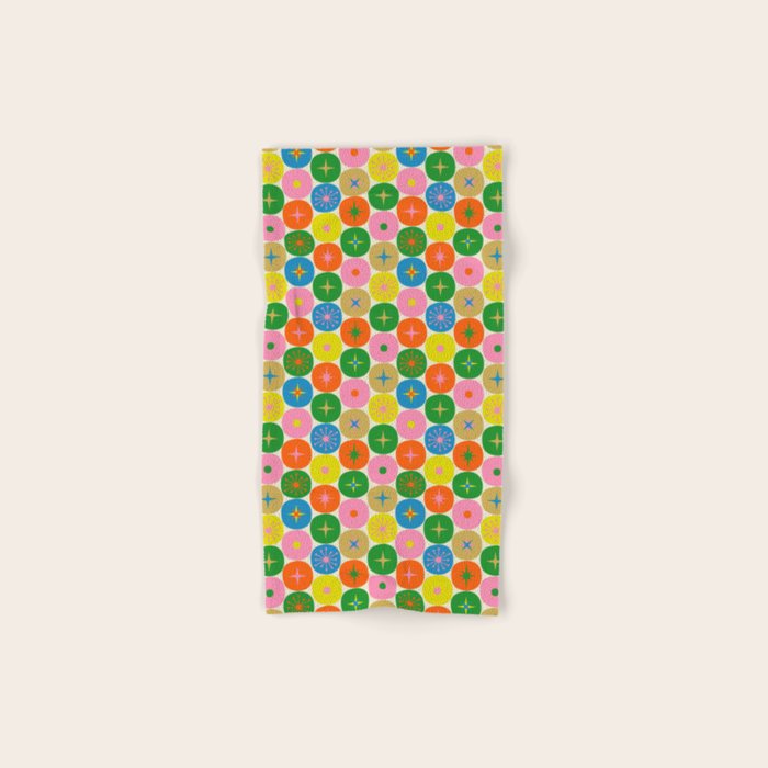 Mid Century Modern Atomic Future Colorful Dots and Stars Pattern small Bath Towel Gallery Image 1
