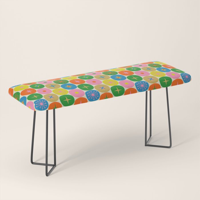 Mid Century Modern Atomic Future Colorful Dots and Stars Pattern small Bench Gallery Image 1