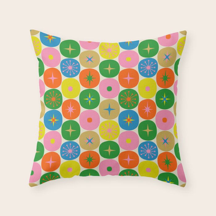 Mid Century Modern Atomic Future Colorful Dots and Stars Pattern small Throw Pillow Gallery Image 1