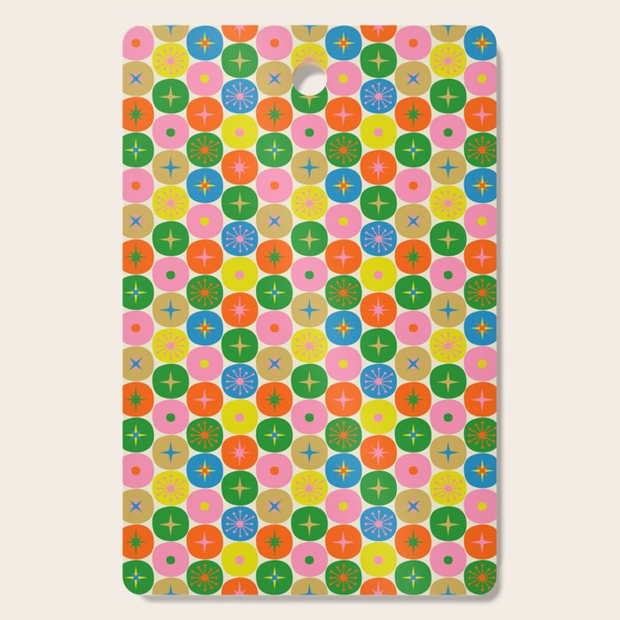 Mid Century Modern Atomic Future Colorful Dots and Stars Pattern small Cutting Board Gallery Image 1