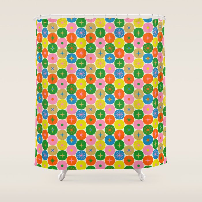 Mid Century Modern Atomic Future Colorful Dots and Stars Pattern small Shower Curtain Gallery Image 1