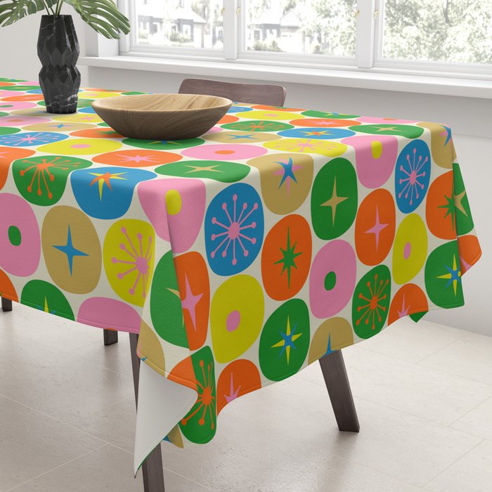Mid Century Modern Atomic Future Colorful Dots and Stars Pattern small Tablecloth Gallery Image 3