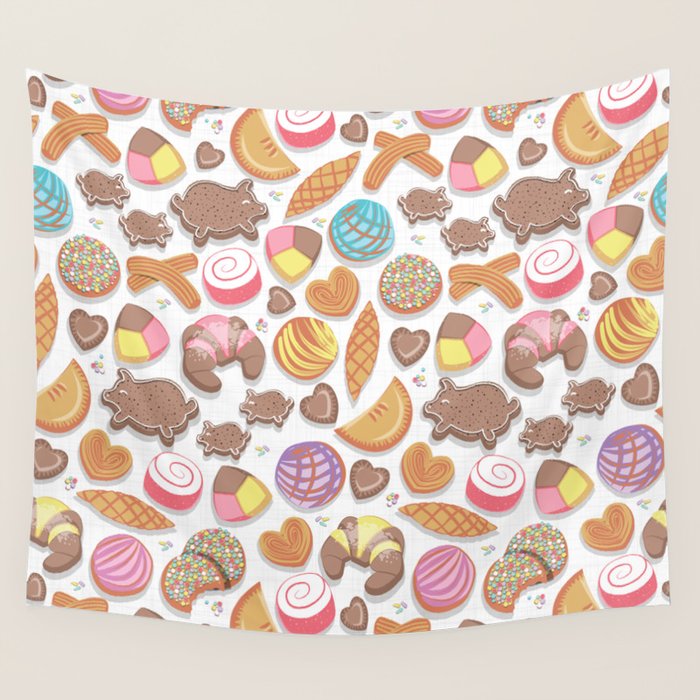 Mexican Sweet Bakery Frenzy // white background // pastel colors pan dulce Wall Tapestry Gallery Image 1