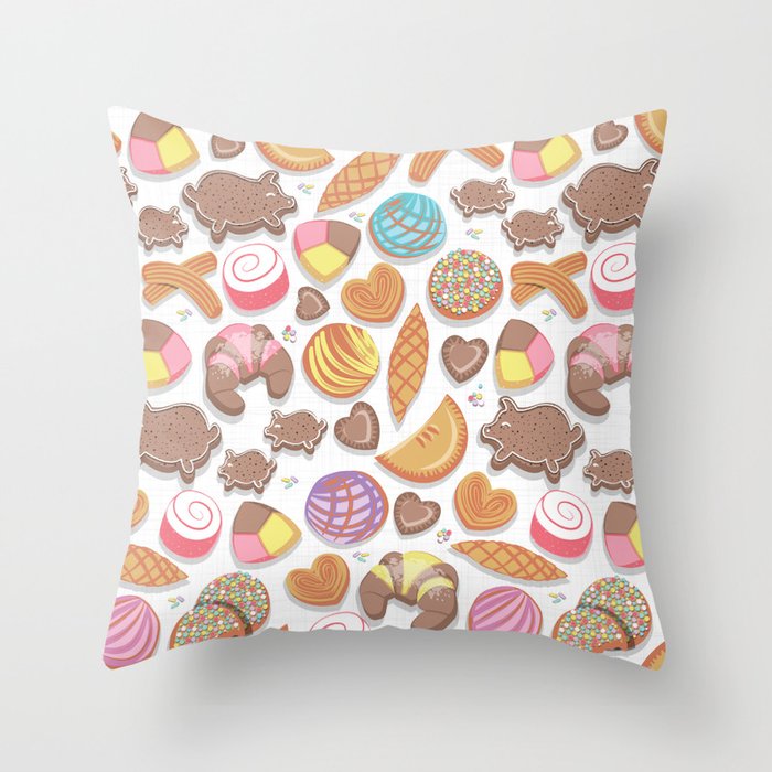 Mexican Sweet Bakery Frenzy // white background // pastel colors pan dulce Throw Pillow Gallery Image 1