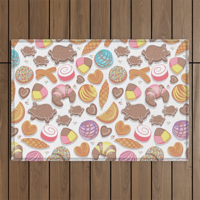 Mexican Sweet Bakery Frenzy // white background // pastel colors pan dulce Outdoor Rug