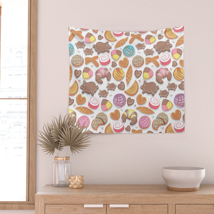 Mexican Sweet Bakery Frenzy // white background // pastel colors pan dulce Wall Tapestry Gallery Image 2