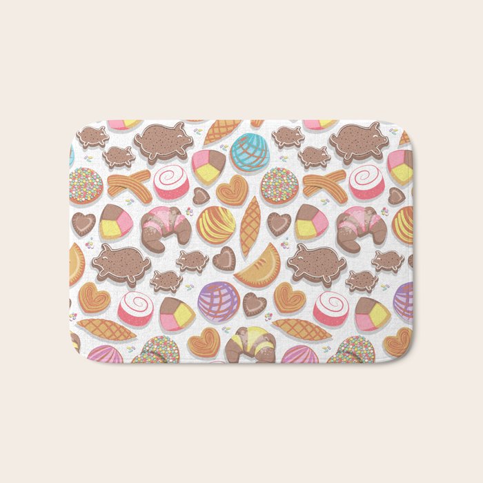 Mexican Sweet Bakery Frenzy // white background // pastel colors pan dulce Bath Mat Gallery Image 1