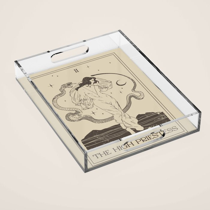 The High Priestess Card Poster. Witchy Girl and Mystic Snake Acrylic Tray Gallery Image 1