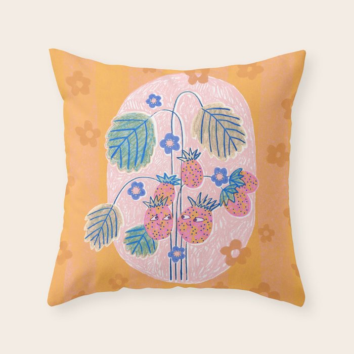Sweet Strawberry Plant Friends in Peach & Orange Throw Pillow Gallery Image 1