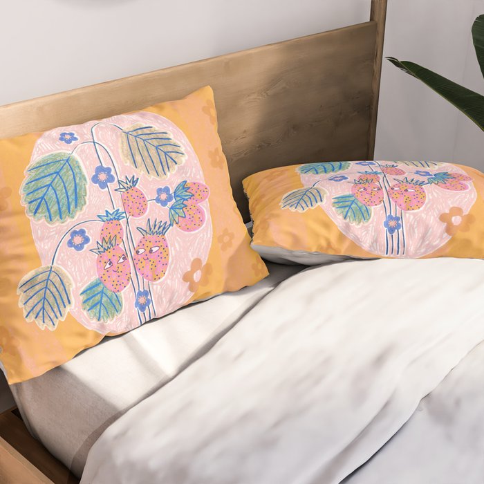 Sweet Strawberry Plant Friends in Peach & Orange Pillow Sham Gallery Image 2