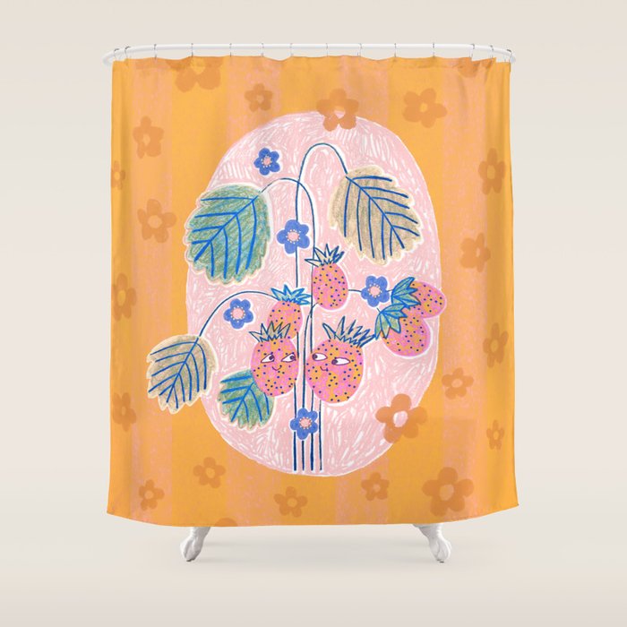 Sweet Strawberry Plant Friends in Peach & Orange Shower Curtain Gallery Image 1