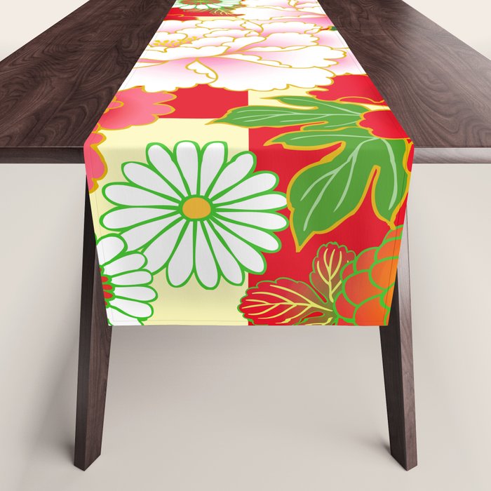 Red Pink Peony Vintage Japanese Floral Kimono Pattern Table Runner Gallery Image 1