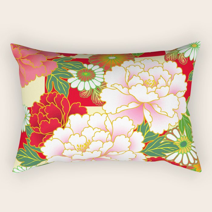 Red Pink Peony Vintage Japanese Floral Kimono Pattern Rectangular Pillow Gallery Image 2