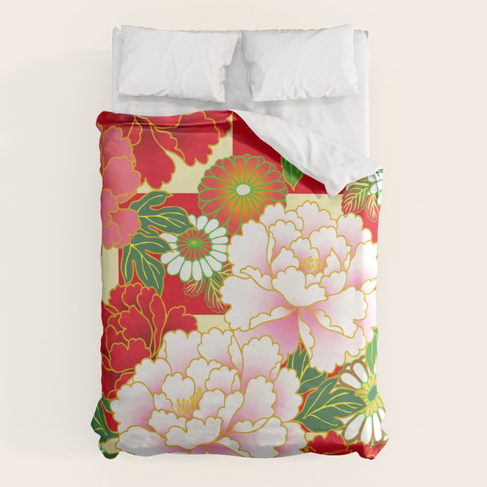 Red Pink Peony Vintage Japanese Floral Kimono Pattern Duvet Cover Gallery Image 6