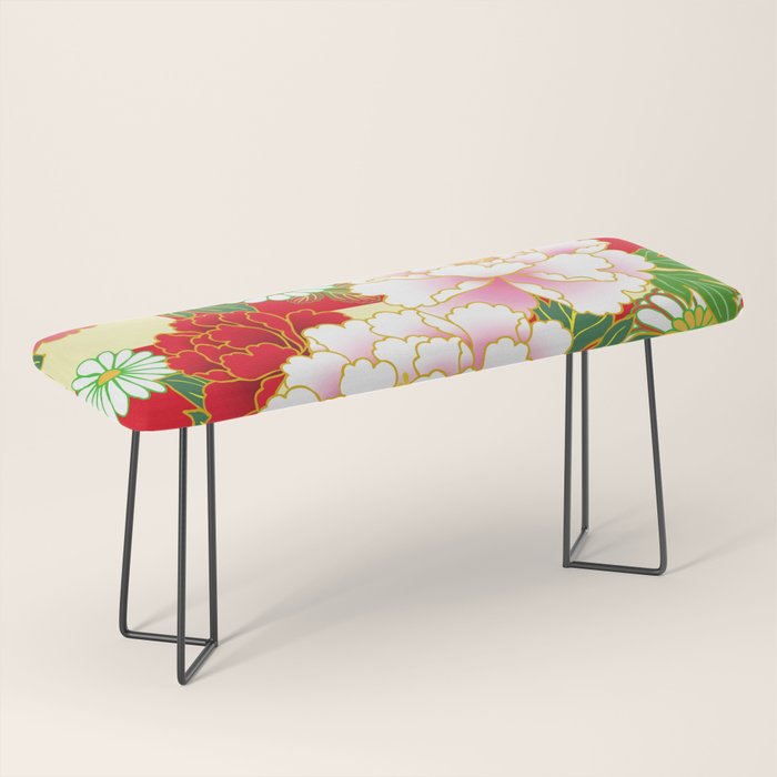 Red Pink Peony Vintage Japanese Floral Kimono Pattern Bench Gallery Image 1