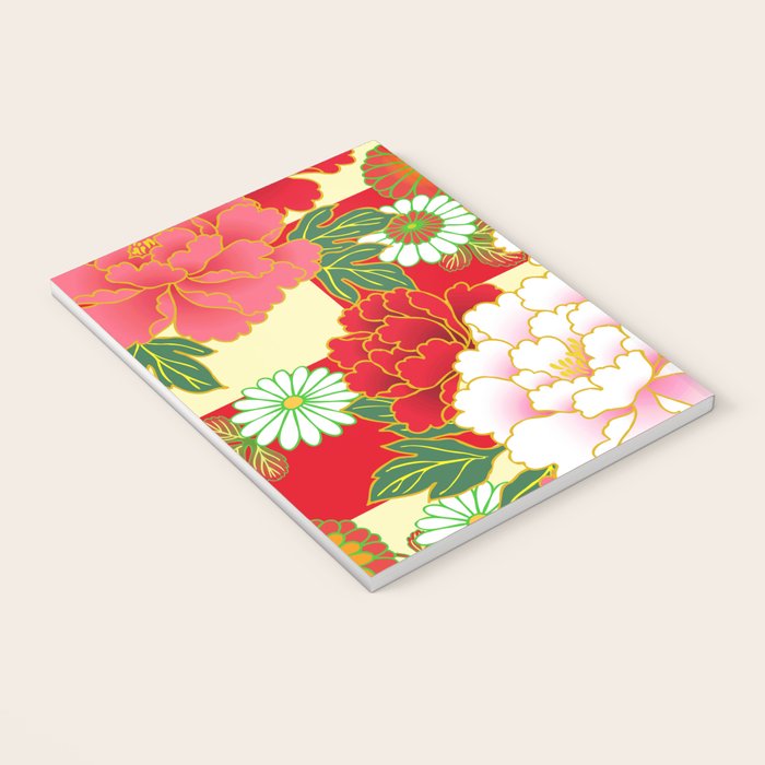 Red Pink Peony Vintage Japanese Floral Kimono Pattern Notebook Gallery Image 3