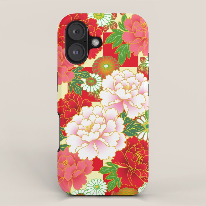 Red Pink Peony Vintage Japanese Floral Kimono Pattern iPhone Case Gallery Image 1
