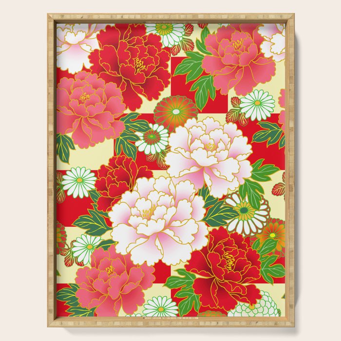 Red Pink Peony Vintage Japanese Floral Kimono Pattern Serving Tray Gallery Image 1