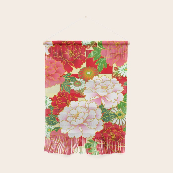 Red Pink Peony Vintage Japanese Floral Kimono Pattern Wall Hanging Gallery Image 1